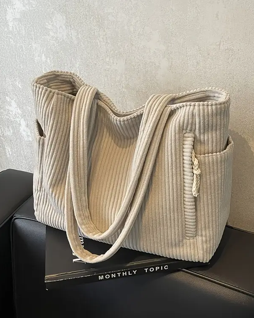 Kimmy – Ribbed Tote Bag with Drawstring Detail