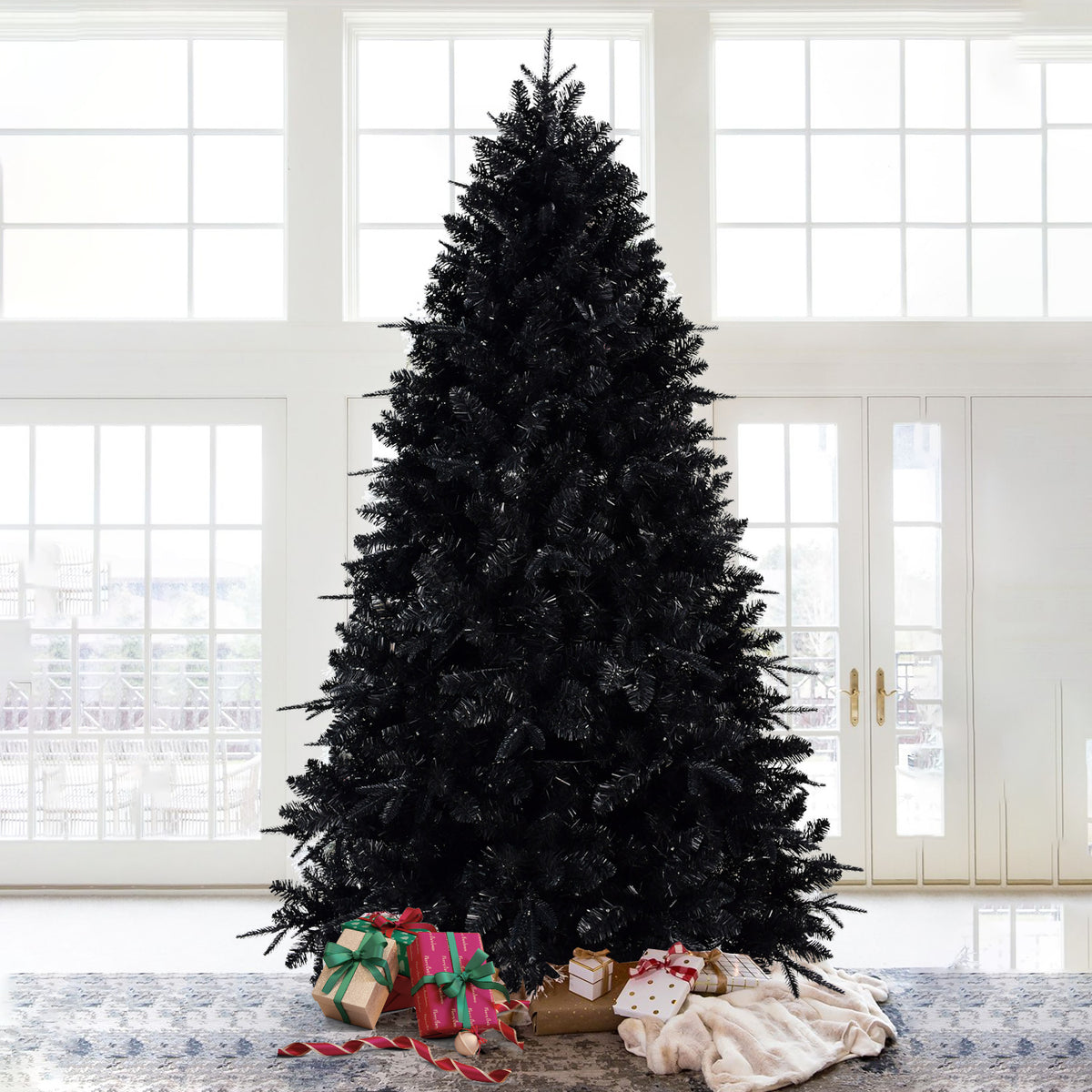 Pre-Lit Black Christmas Tree 5ft, 6ft, 7ft, 8ft – White Lights, PE/PVC Tips, Hinged Branches