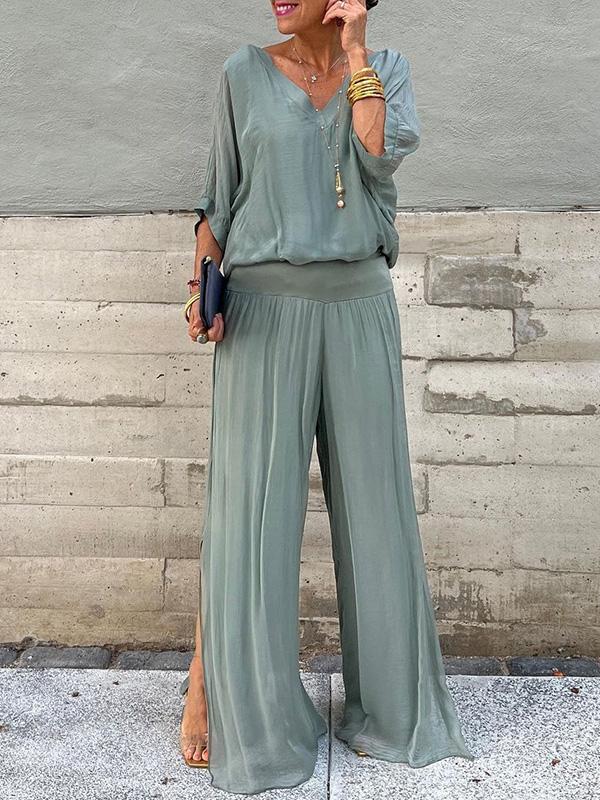 Olive | Women's V-Neck Batwing Sleeve Wide Leg Jumpsuit 2 Piece