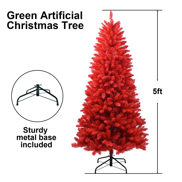Red Artificial Christmas Tree 5ft – 624 Mixed PVC Tips, Hinged Branches, Foldable Stand