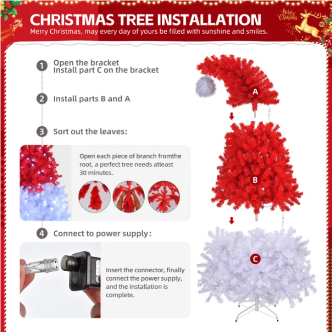 Pre-Lit Santa Hat Christmas Tree 6ft – Red and White Novelty Tree with Lights for Home or Store