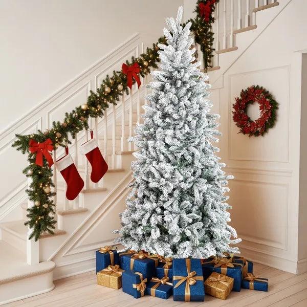 Pre-Lit Snow Flocked Pencil Christmas Tree 7ft – 400 Lights, 1100 Tips, Hinged Slim Pine