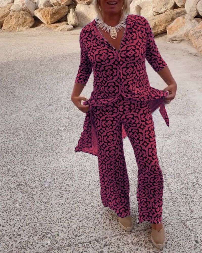 Mosa | Women's Printed Two Piece Set Longline Shirt Straight Pants
