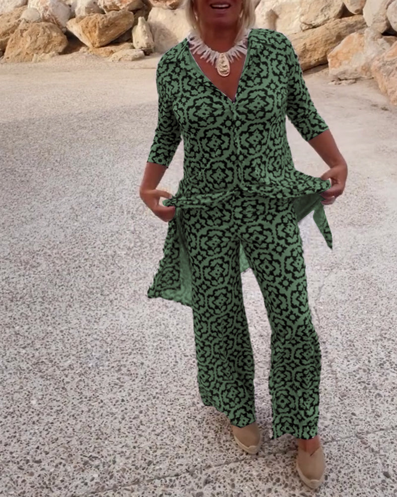 Mosa | Women's Printed Two Piece Set Longline Shirt Straight Pants