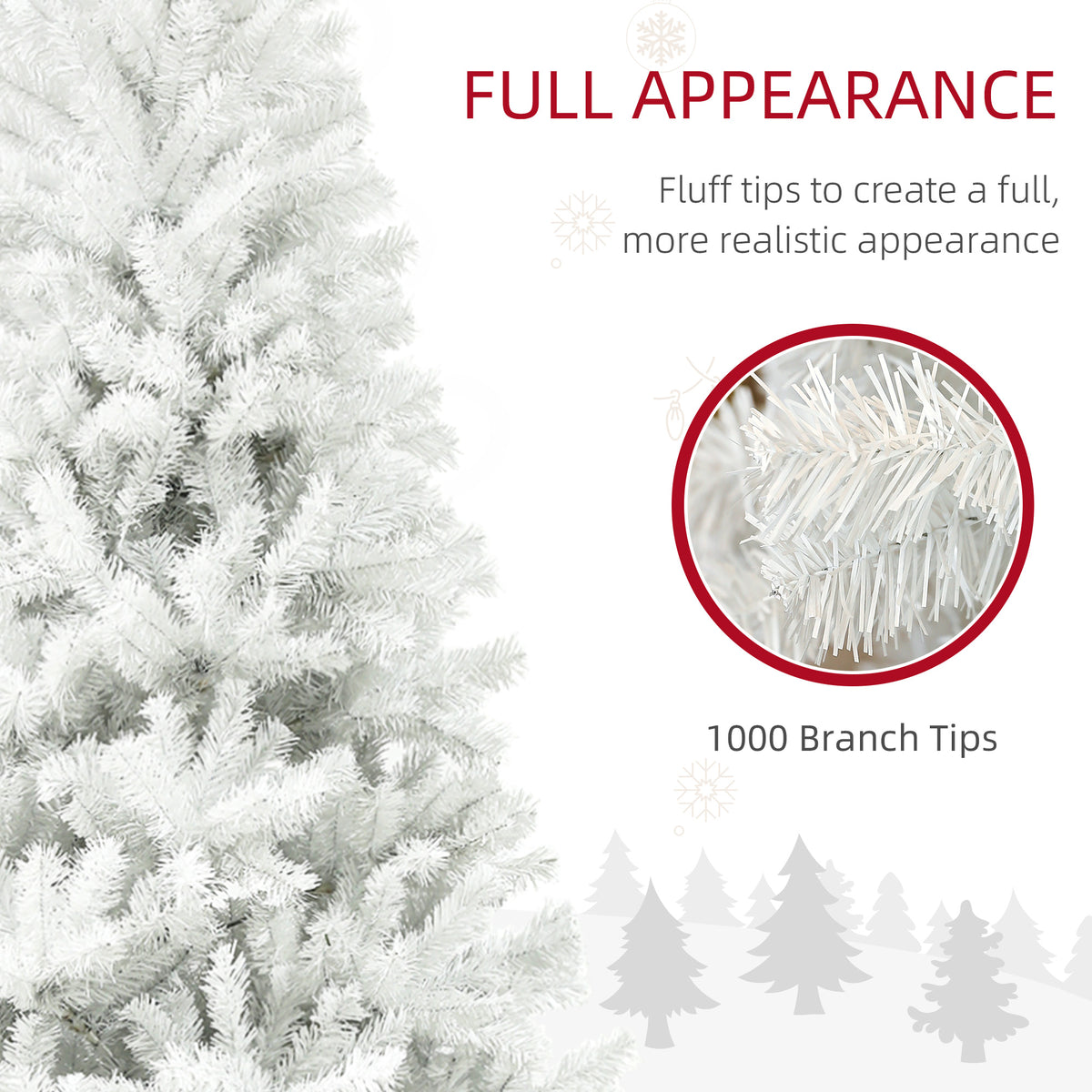 Unlit White Christmas Tree 6ft – 1000 Branch Tips, Auto-Open Hinged Branches, Steel Base