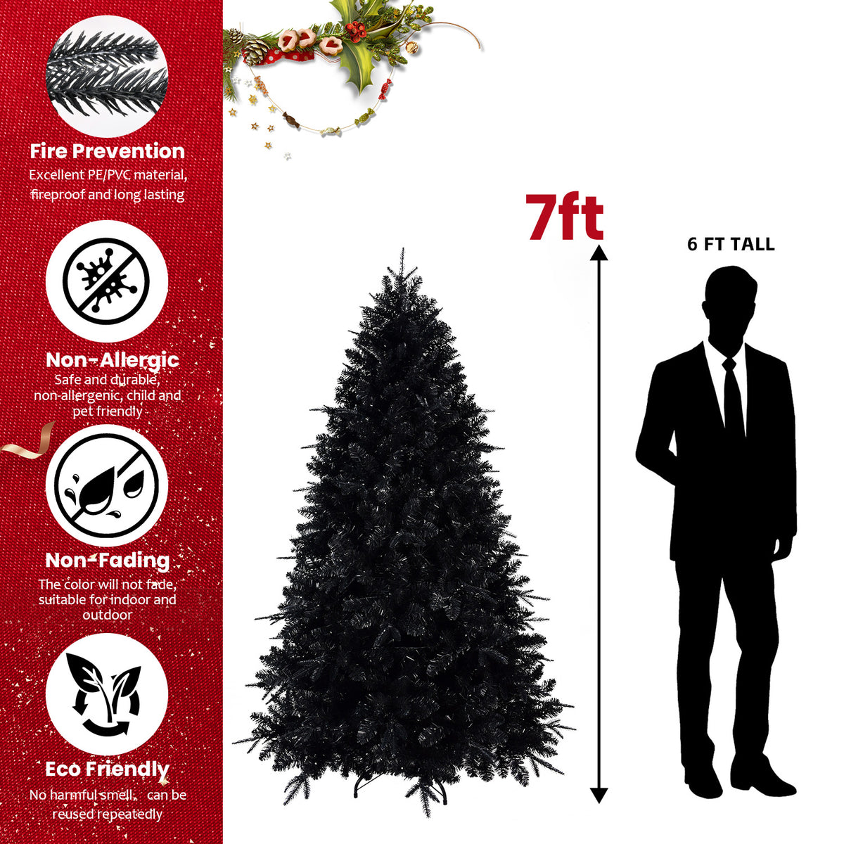 Pre-Lit Black Christmas Tree 5ft, 6ft, 7ft, 8ft – White Lights, PE/PVC Tips, Hinged Branches