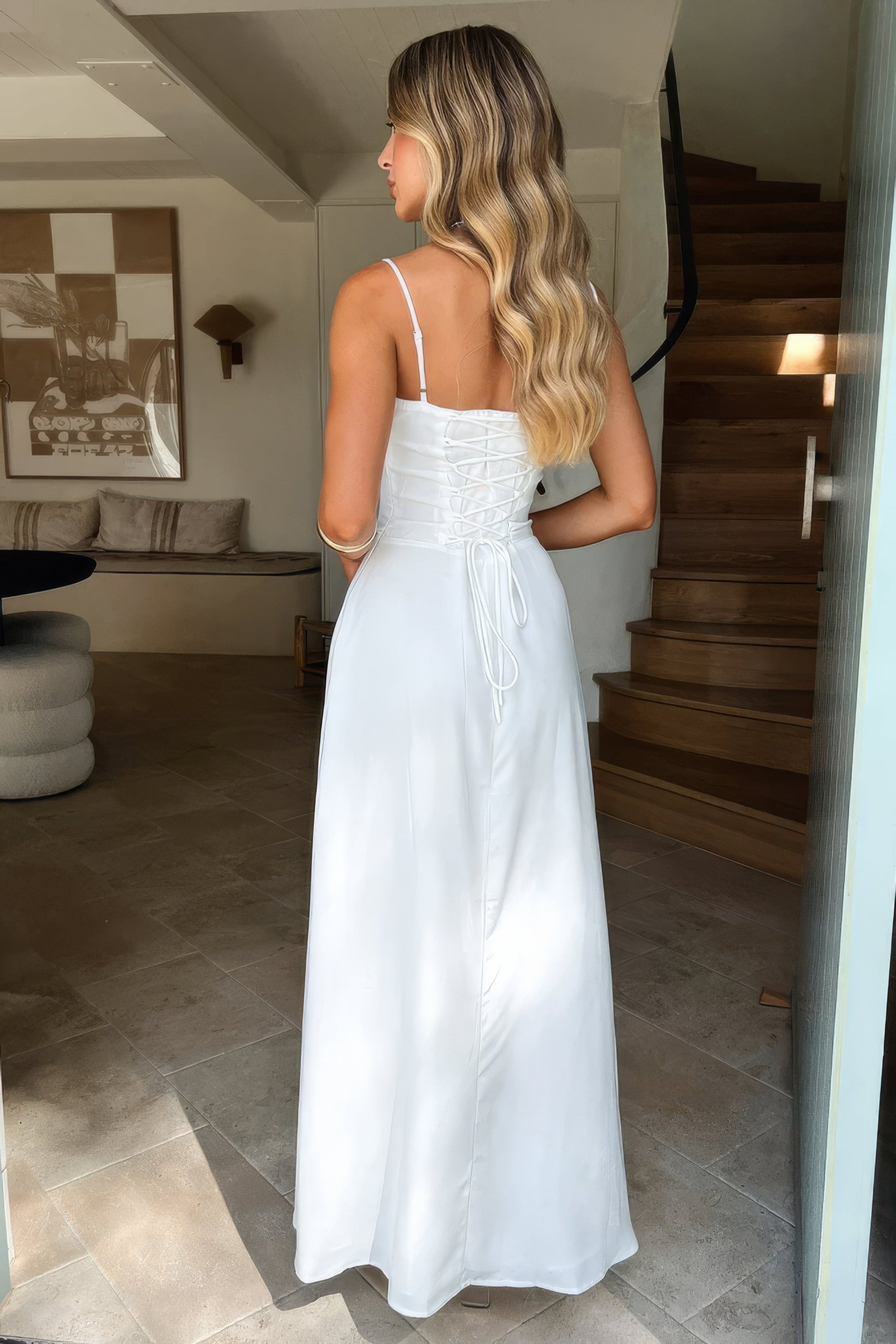 Women's Maxi Dress Spaghetti Strap Corset Bodice Sweetheart Neck Tie Front