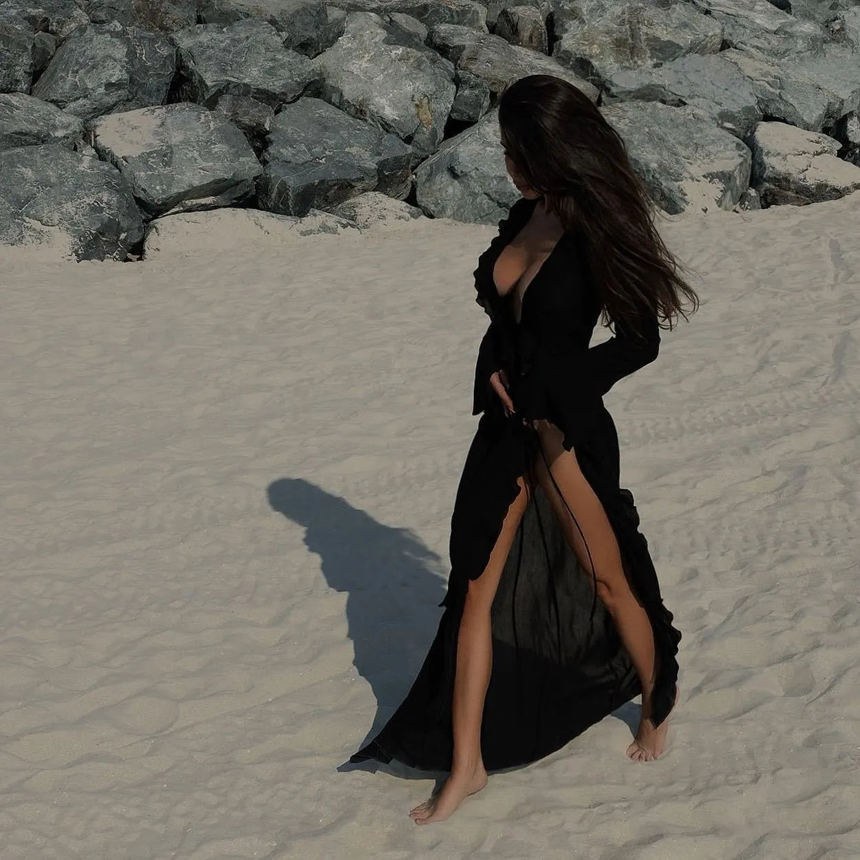Women's Beach Maxi Dress V-Neck Long Sleeve Ruffle High Slit Cover Up