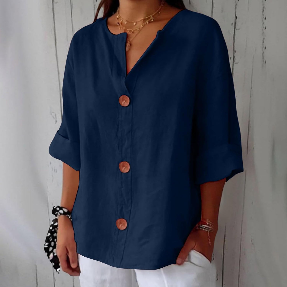 Maira – Cotton-Linen V-Neck Shirt with Wooden Buttons
