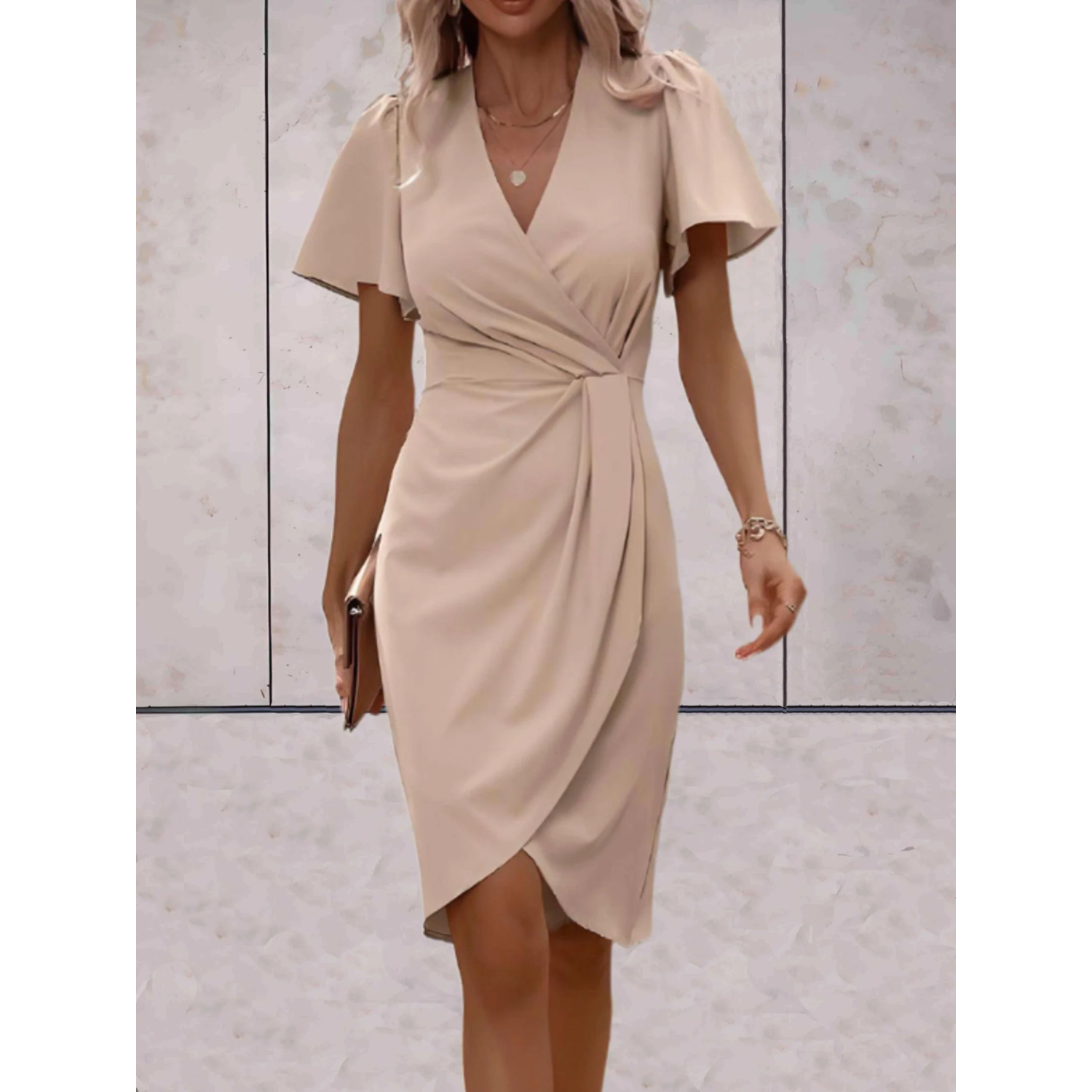 Tara | Women's Wrap Midi Dress Flutter Sleeve V-Neck Bodycon