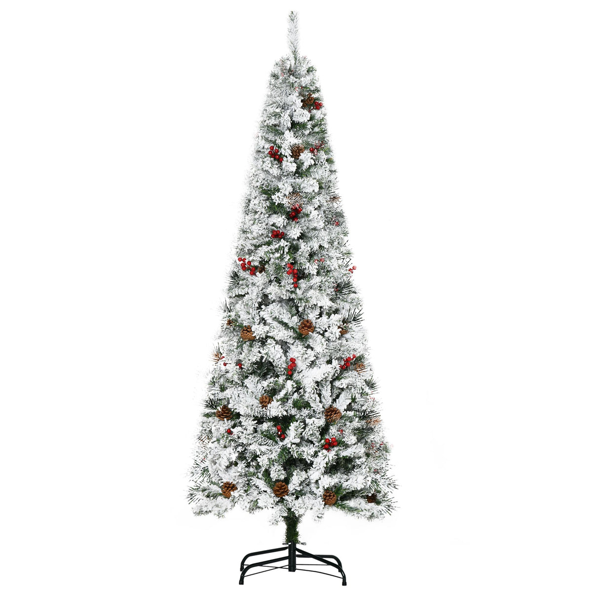 Snow Flocked Pencil Christmas Tree 6ft – Pine Cones, Red Berries, 600 Branches, Auto-Open
