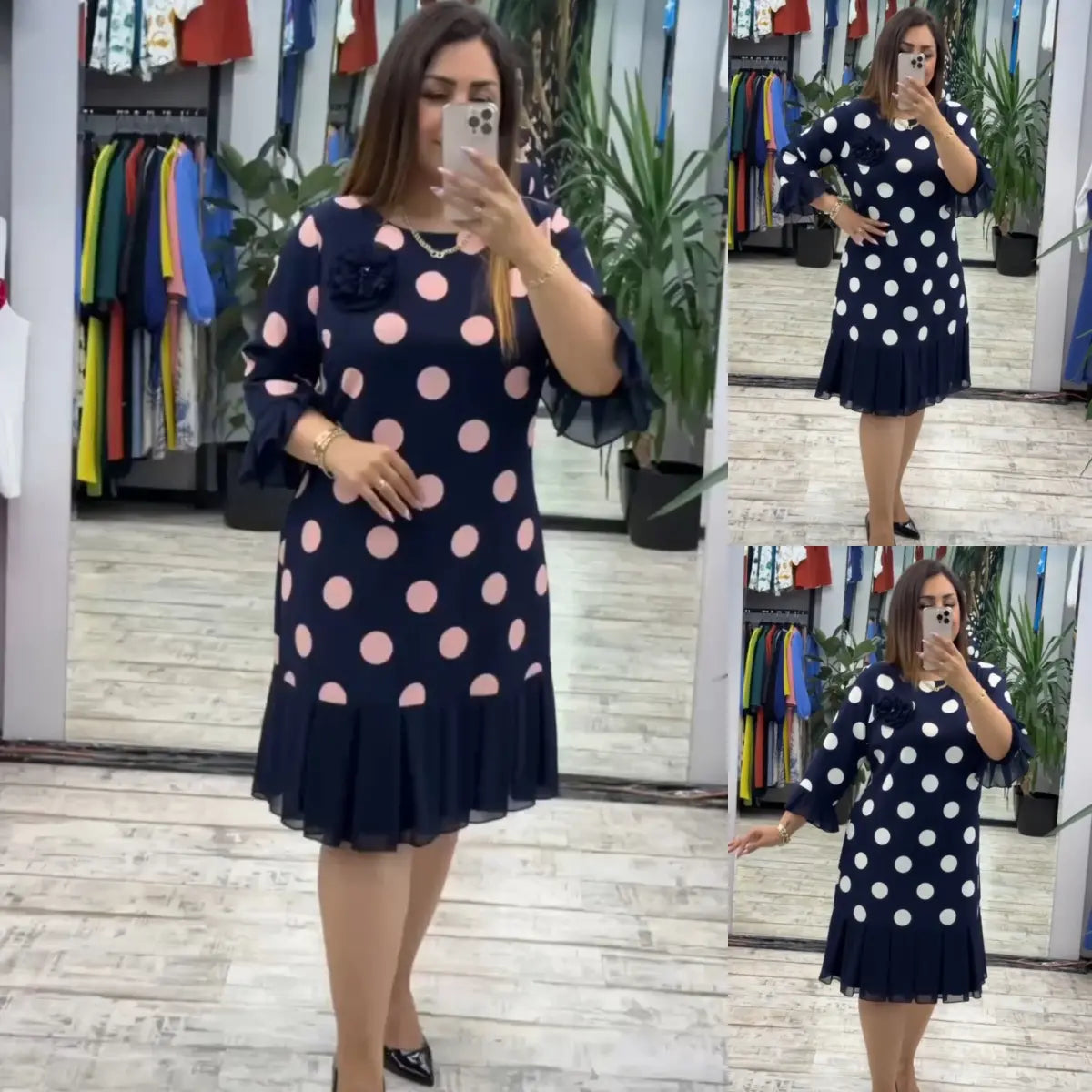 Linna - Pleated Polka Dot Midi Dress