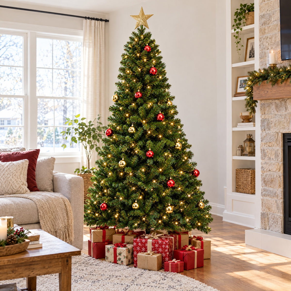 6ft Pre-Lit Christmas Tree with Ornaments – Hinged Pine, Warm White Lights & Remote