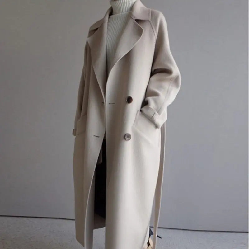 Women’s Longline Trench Coat – Elegant Belted Classic Overcoat