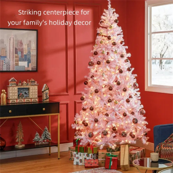 Pre-Lit Pink Christmas Tree 7.5ft – 500 Warm White LED Lights, 1346 Tips, Hinged Branches