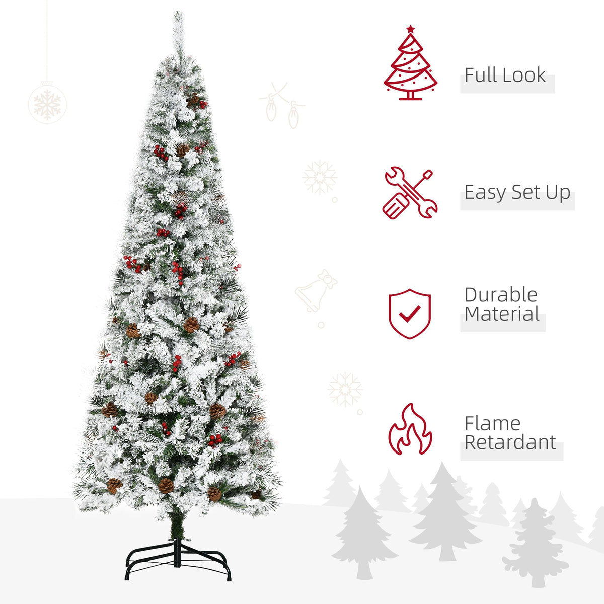 Snow Flocked Pencil Christmas Tree 6ft – Pine Cones, Red Berries, 600 Branches, Auto-Open