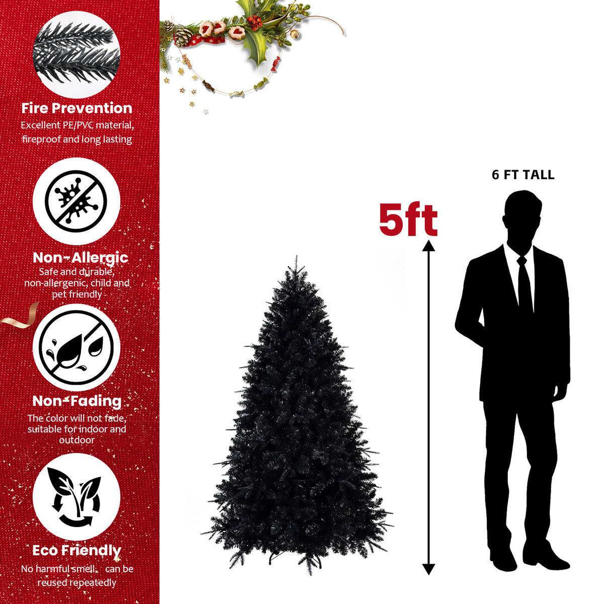 Pre-Lit Black Christmas Tree 5ft, 6ft, 7ft, 8ft – White Lights, PE/PVC Tips, Hinged Branches
