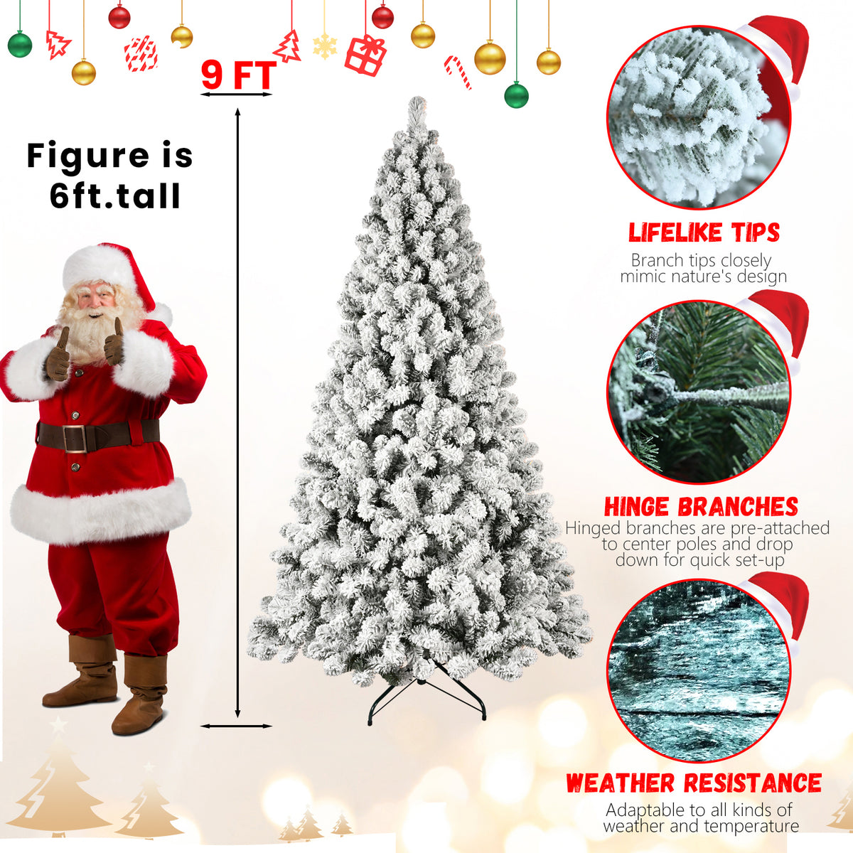 Pre-Lit Snow Flocked Christmas Tree 5ft, 6ft, 8ft, 9ft – Hinged PVC Branches with Lights