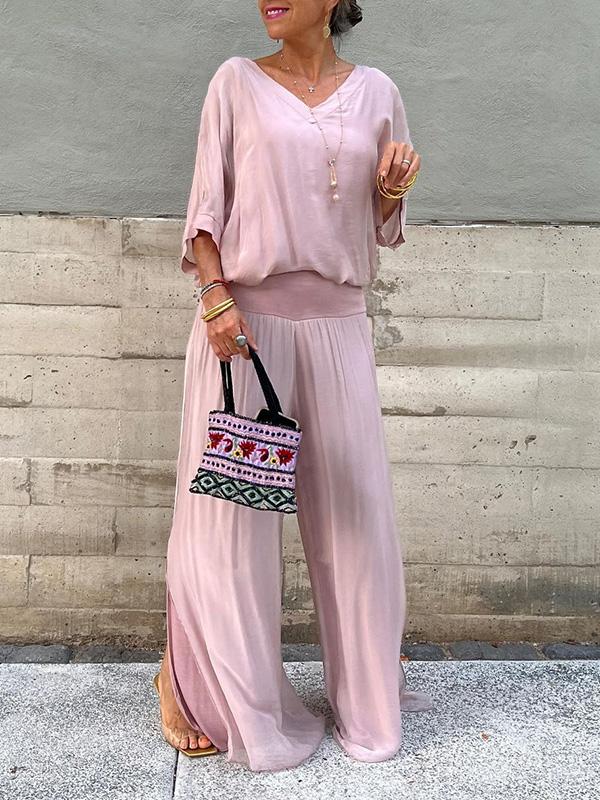 Olive | Women's V-Neck Batwing Sleeve Wide Leg Jumpsuit 2 Piece