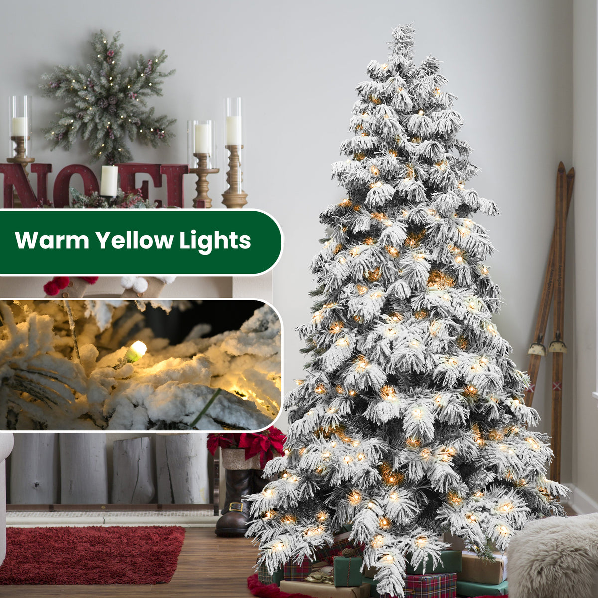 Pre-Lit Snow Flocked Christmas Tree 5ft, 6ft, 7ft, 8ft – Warm White LED, Hinged Branches