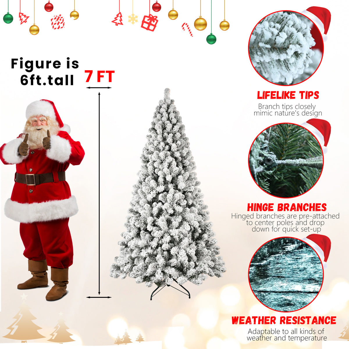 Pre-Lit Snow Flocked Christmas Tree 5ft, 6ft, 8ft, 9ft – Hinged PVC Branches with Lights
