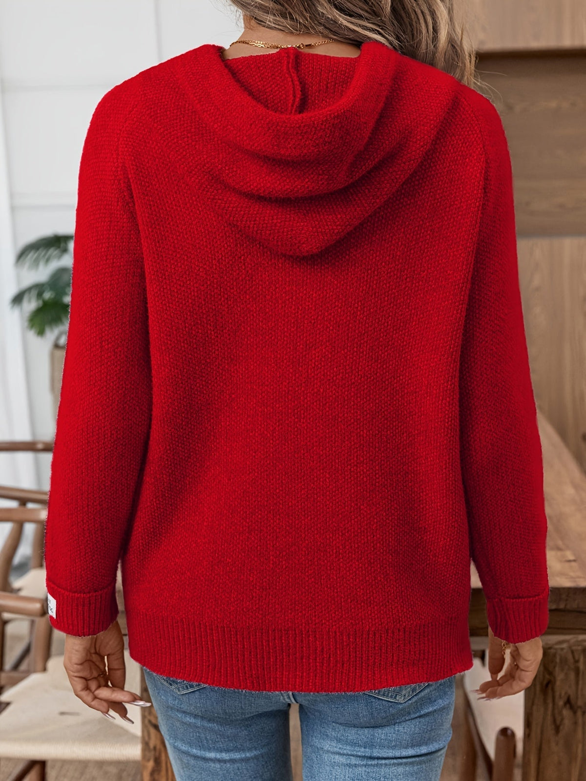 Women's Hooded Knit Sweater Long Sleeve Drawstring Patch Cuff Pullover