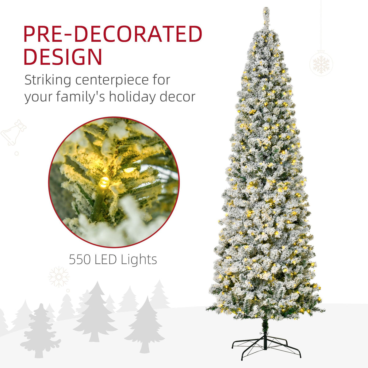 Pre-Lit Snow Flocked Pencil Christmas Tree 9ft – Warm White LED, Slim Auto-Open Branches