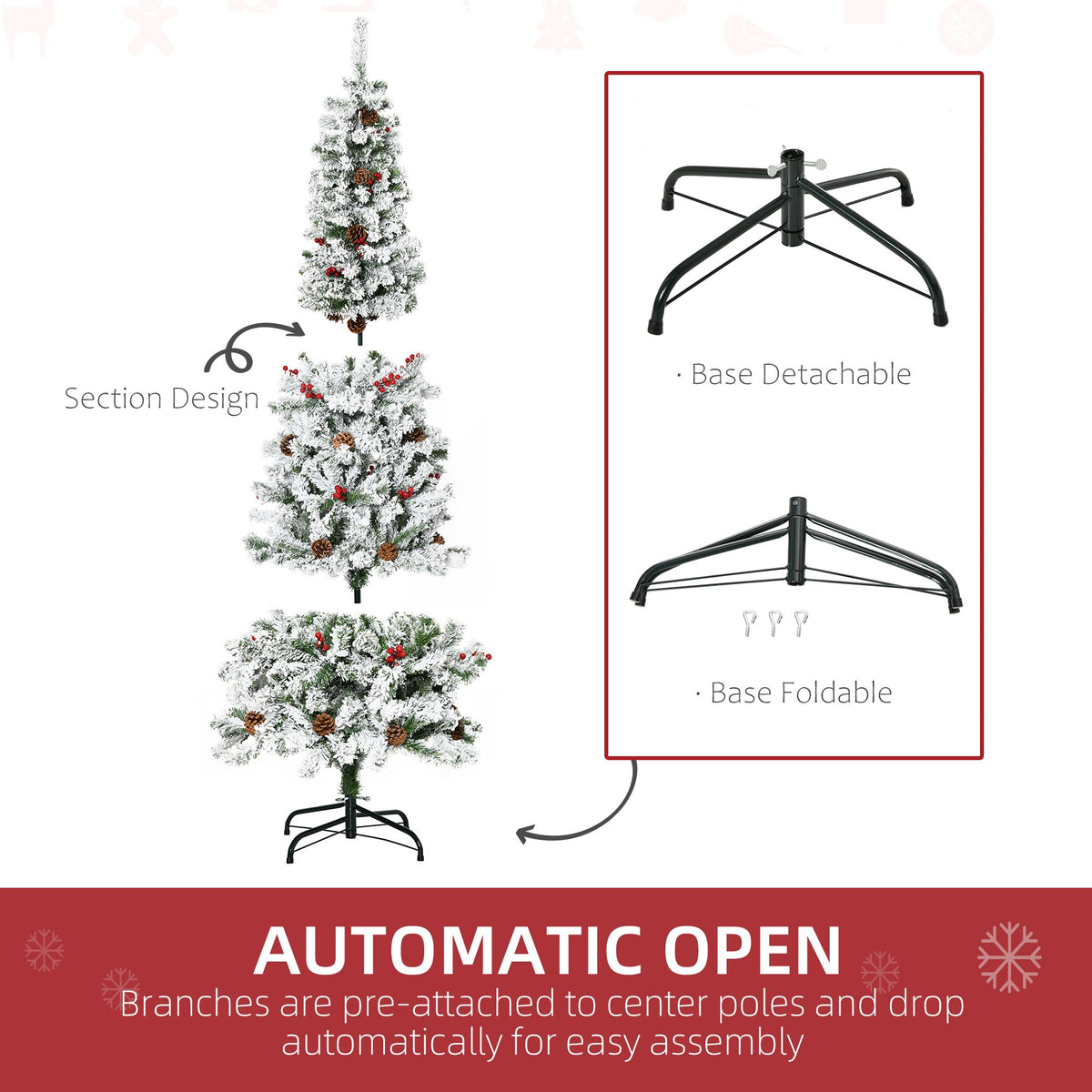 Snow Flocked Pencil Christmas Tree 6ft – Pine Cones, Red Berries, 600 Branches, Auto-Open
