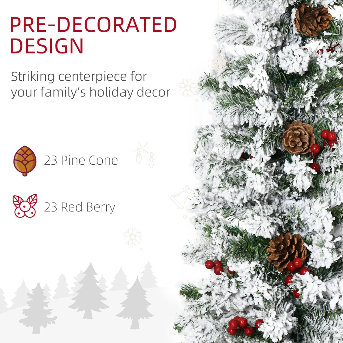 Snow Flocked Pencil Christmas Tree 6ft – Pine Cones, Red Berries, 600 Branches, Auto-Open
