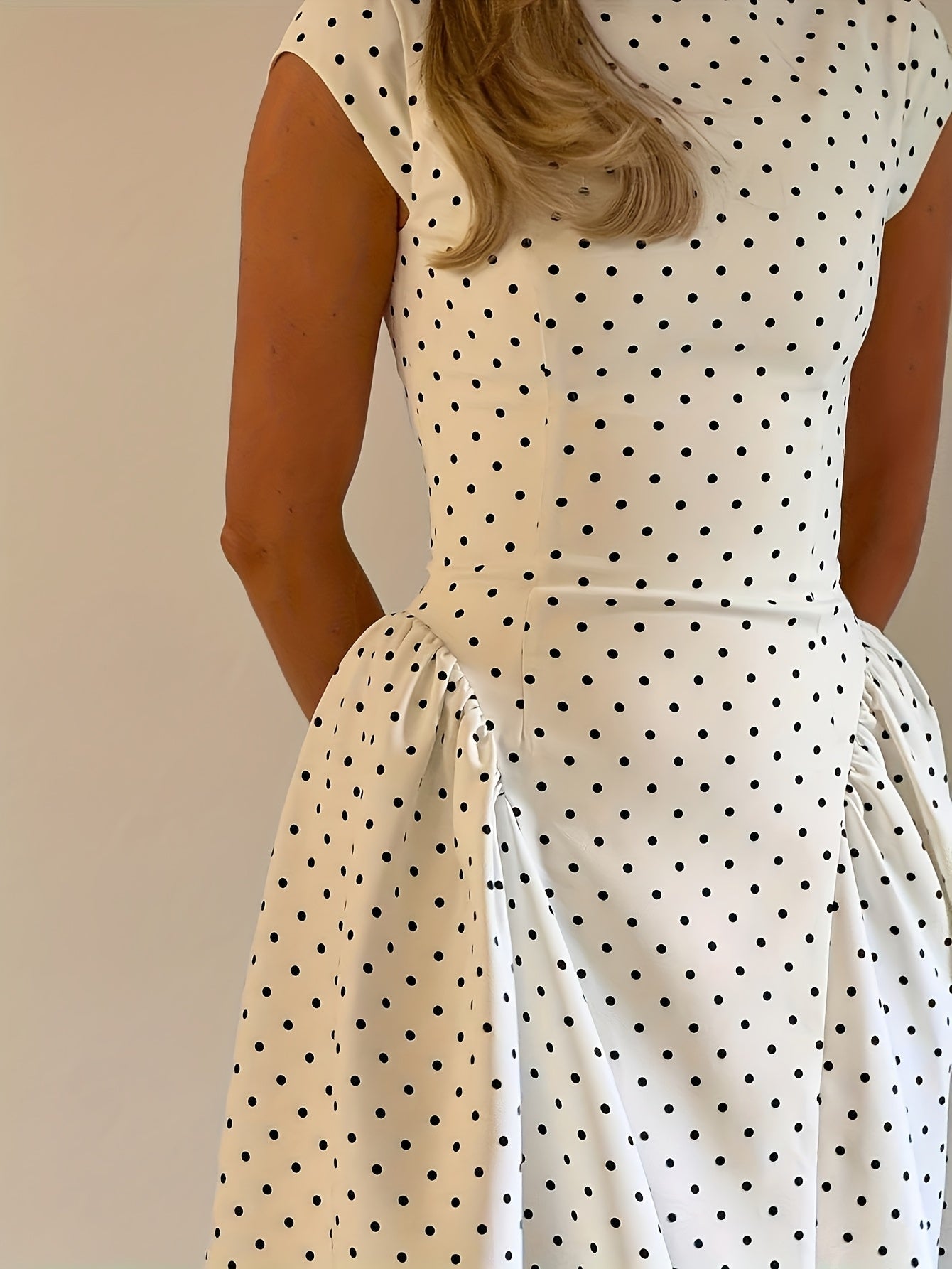 Women's Polka Dot Maxi Dress Mock Neck Cap Sleeve Ruched Waist A-Line Casual Wear