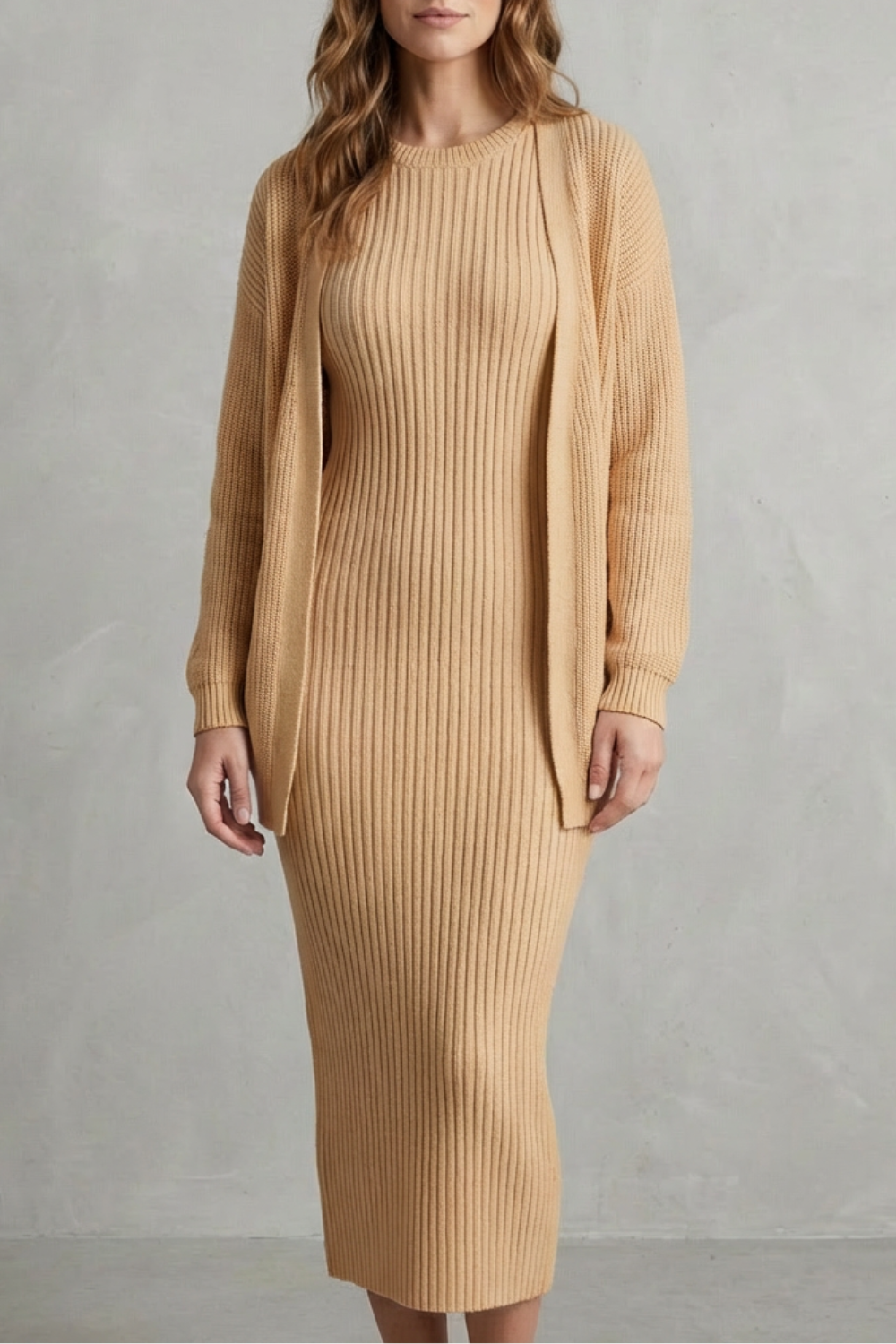 Selyn - Ribbed Knit Two-Piece Outfit with Dress and Cardigan