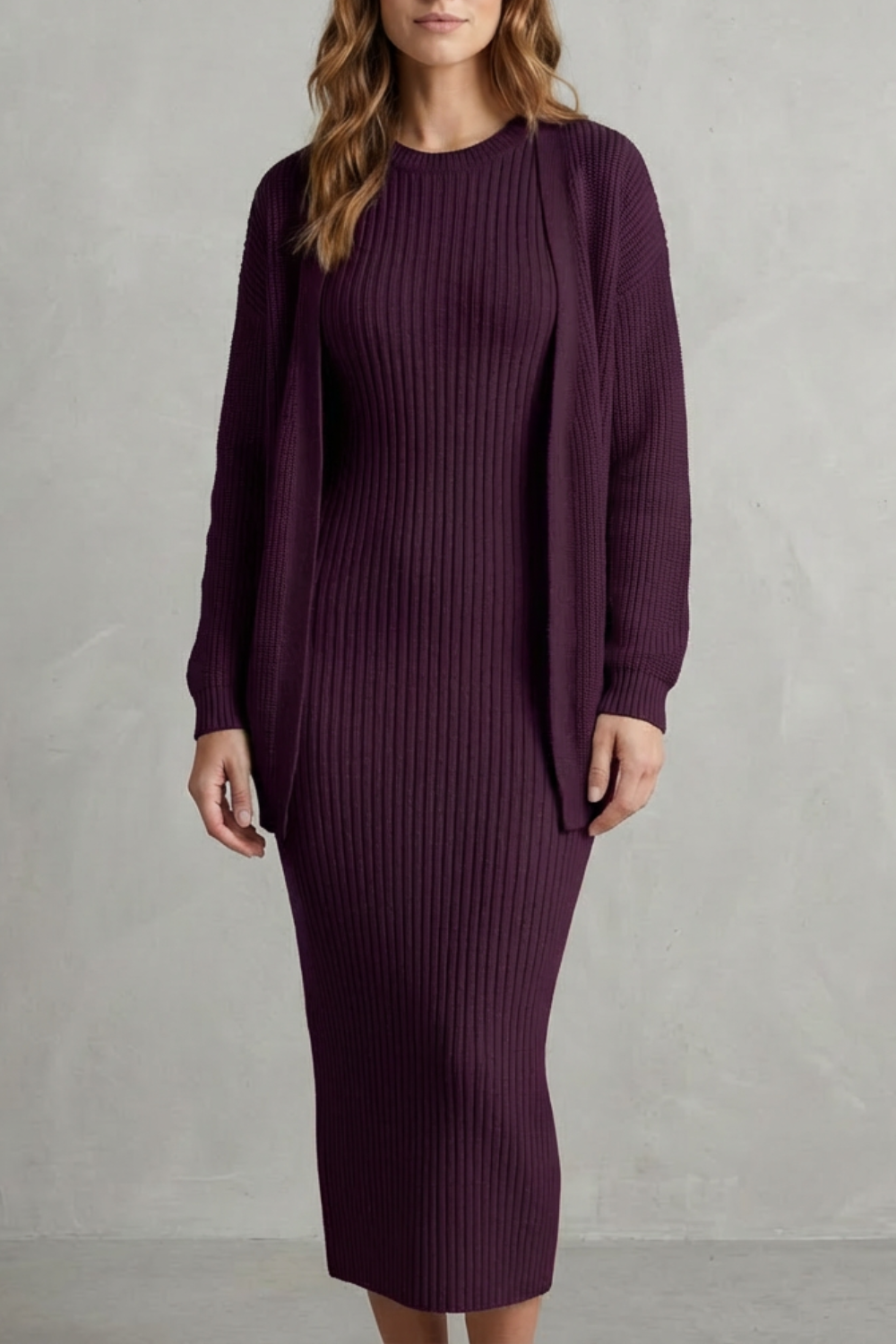 Selyn - Ribbed Knit Two-Piece Outfit with Dress and Cardigan