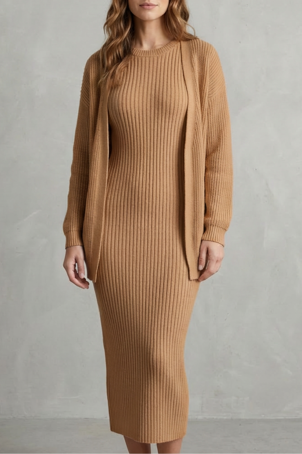 Selyn - Ribbed Knit Two-Piece Outfit with Dress and Cardigan