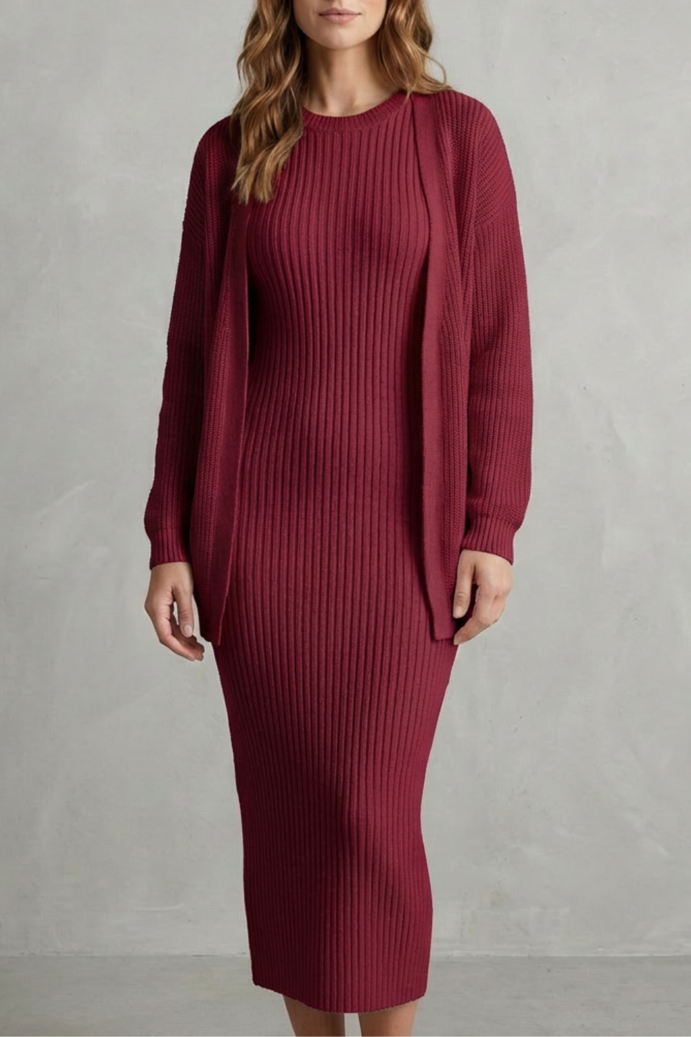 Selyn - Ribbed Knit Two-Piece Outfit with Dress and Cardigan