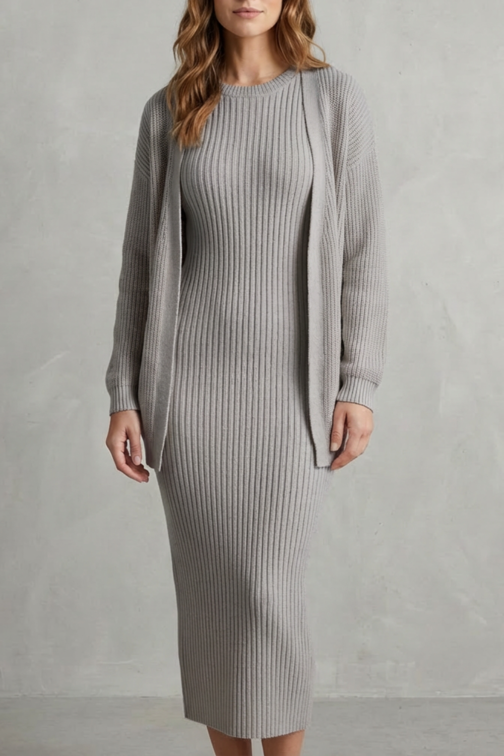 Selyn - Ribbed Knit Two-Piece Outfit with Dress and Cardigan