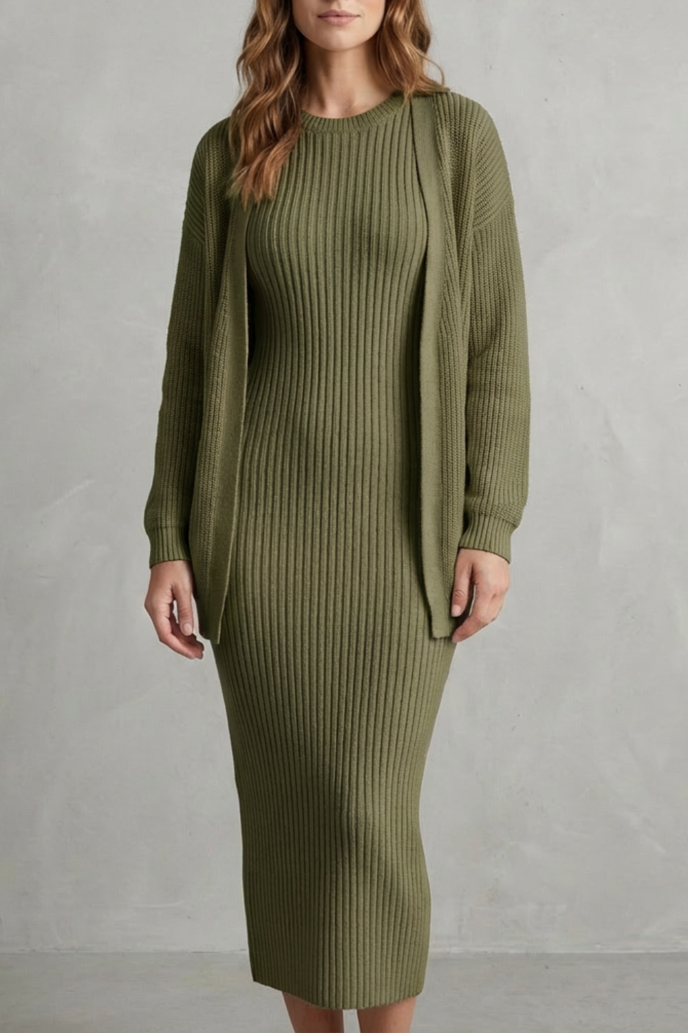 Selyn - Ribbed Knit Two-Piece Outfit with Dress and Cardigan