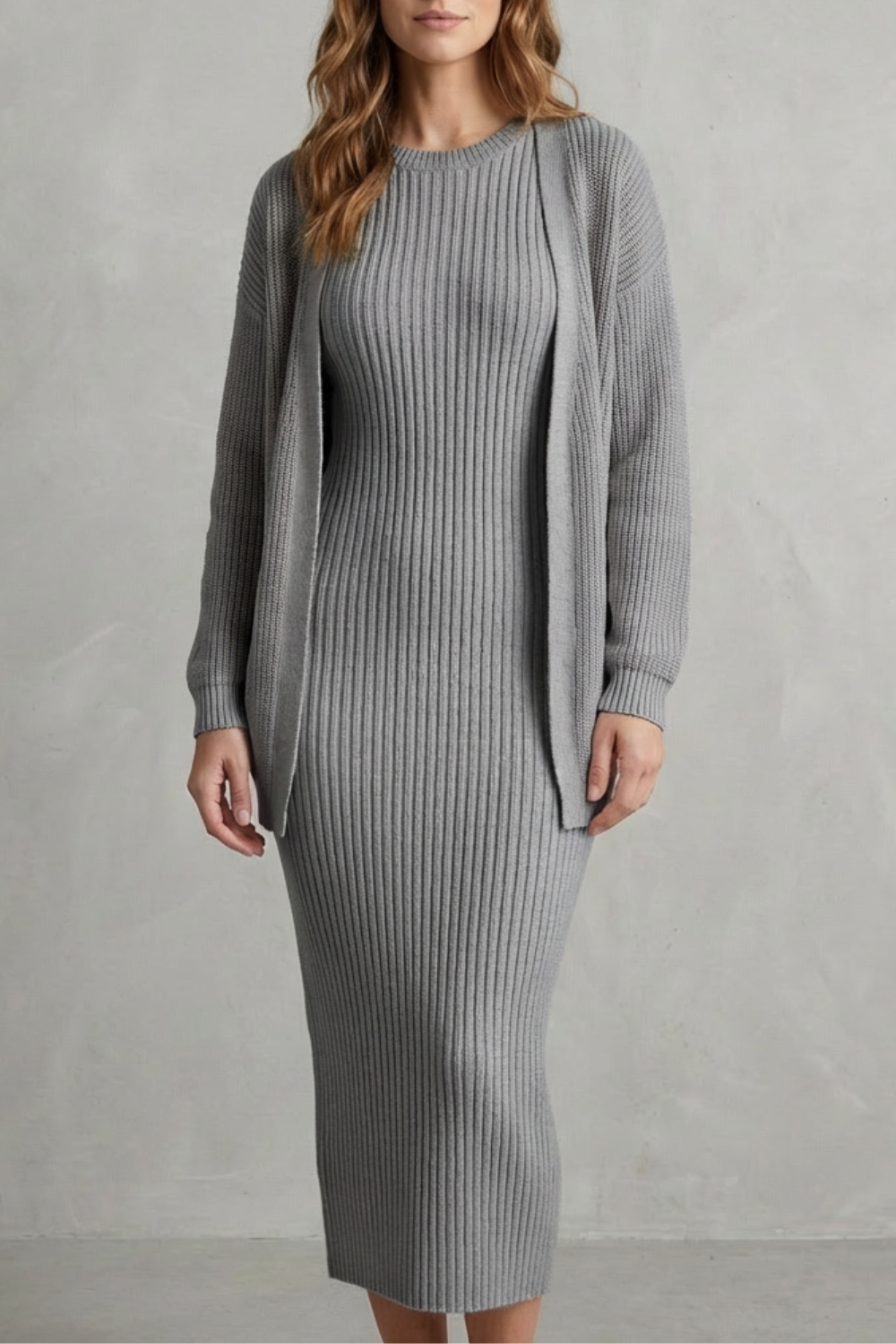 Selyn - Ribbed Knit Two-Piece Outfit with Dress and Cardigan