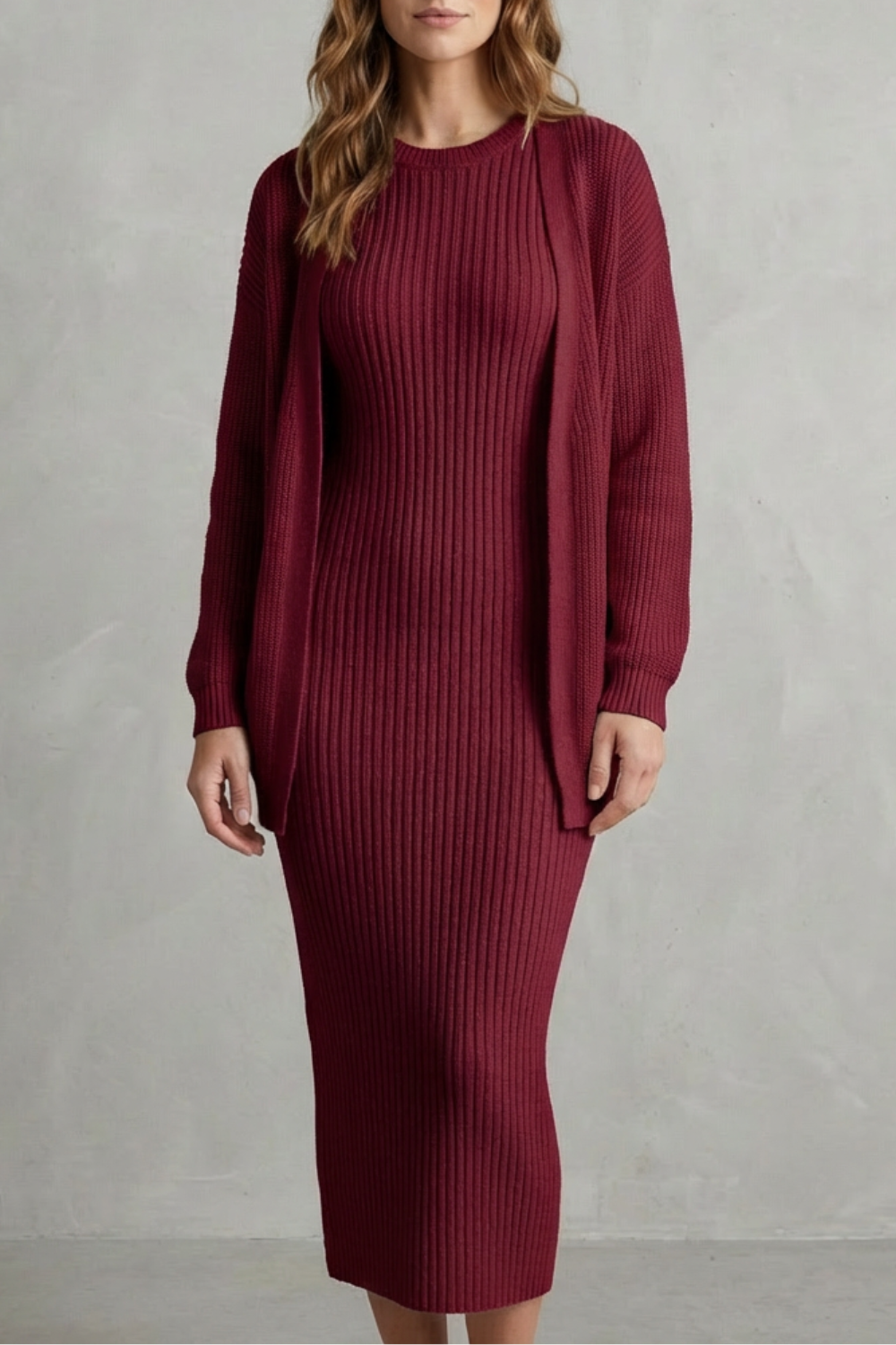 Selyn - Ribbed Knit Two-Piece Outfit with Dress and Cardigan