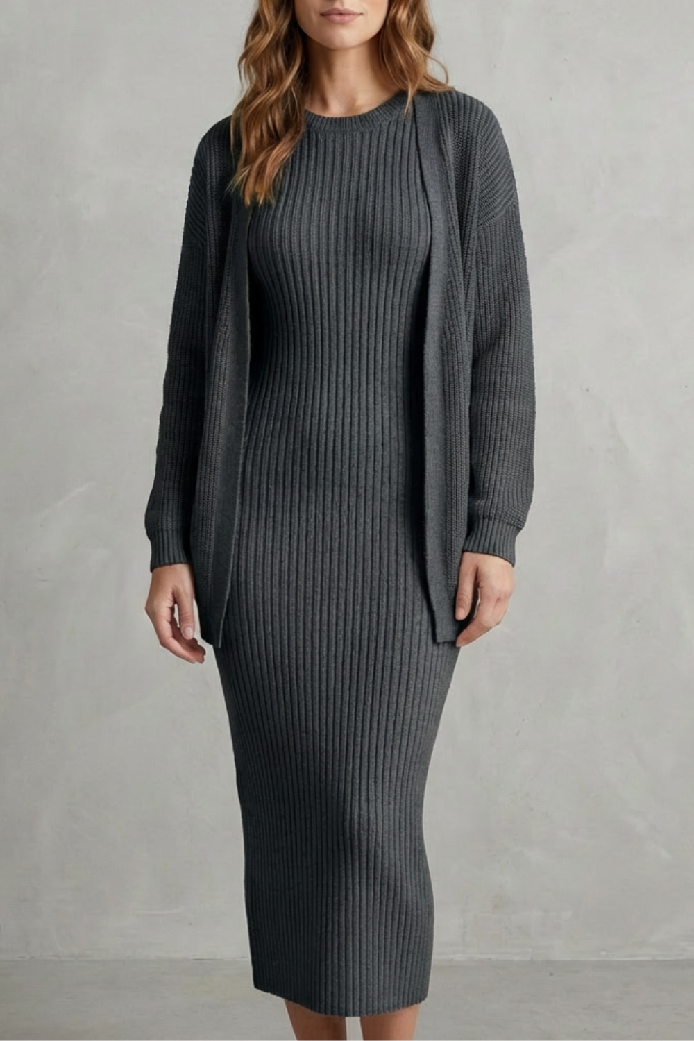 Selyn - Ribbed Knit Two-Piece Outfit with Dress and Cardigan