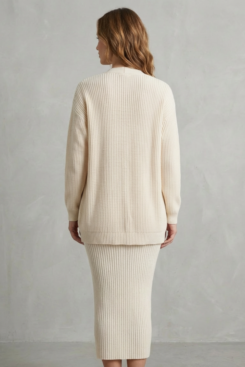 Selyn - Ribbed Knit Two-Piece Outfit with Dress and Cardigan