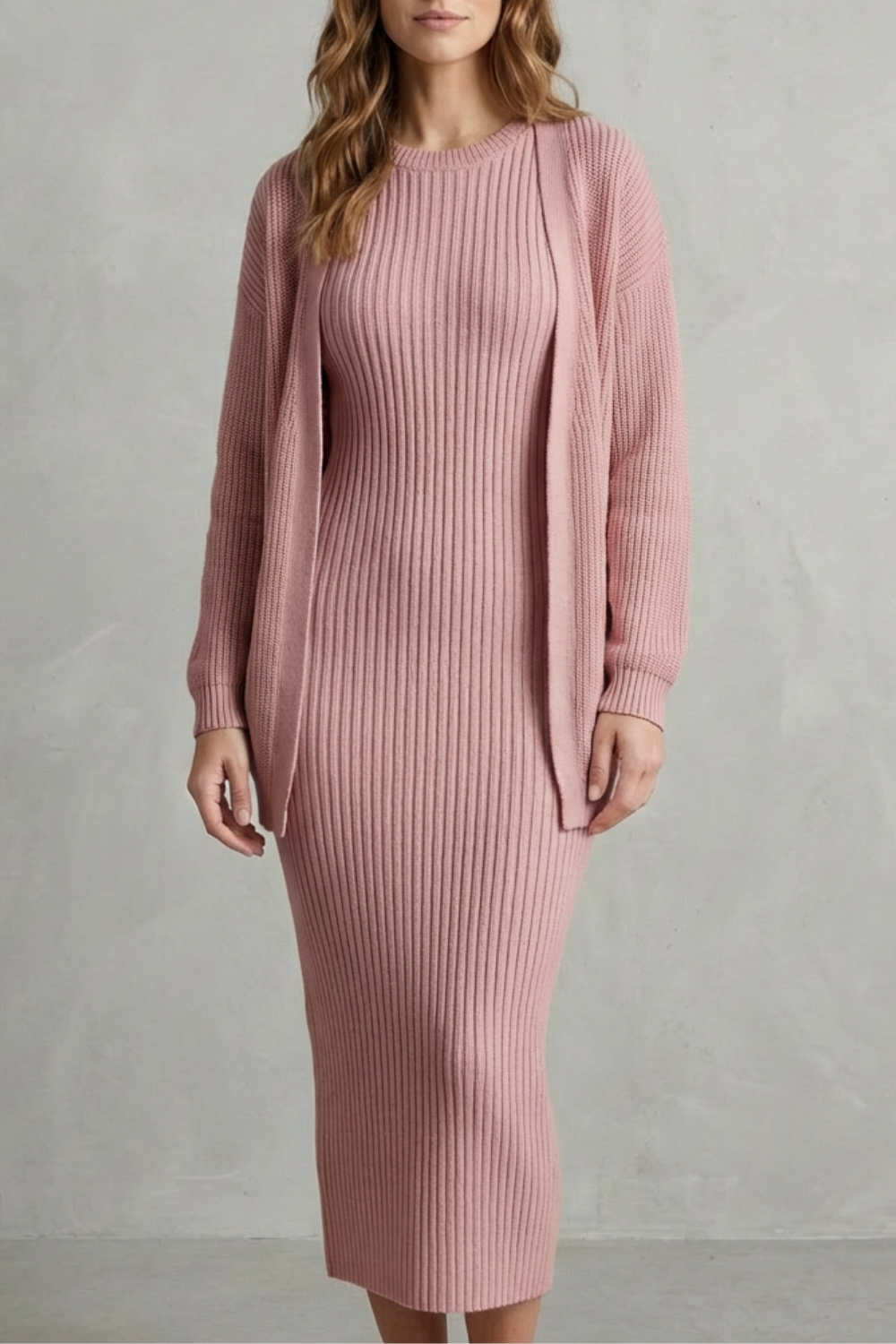 Selyn - Ribbed Knit Two-Piece Outfit with Dress and Cardigan