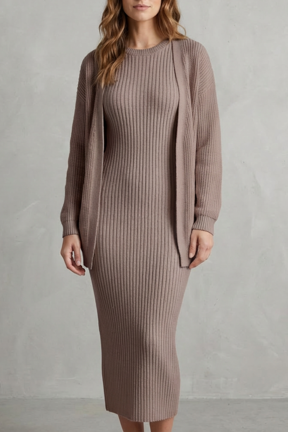 Selyn - Ribbed Knit Two-Piece Outfit with Dress and Cardigan