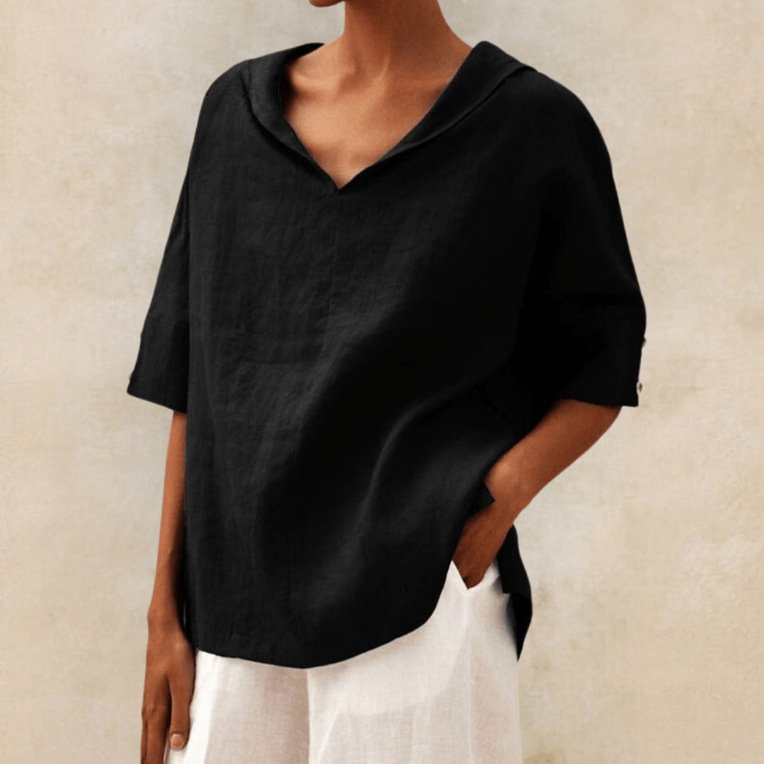 Women's Linen Tunic Top Collared V-Neck Oversized Relaxed Fit