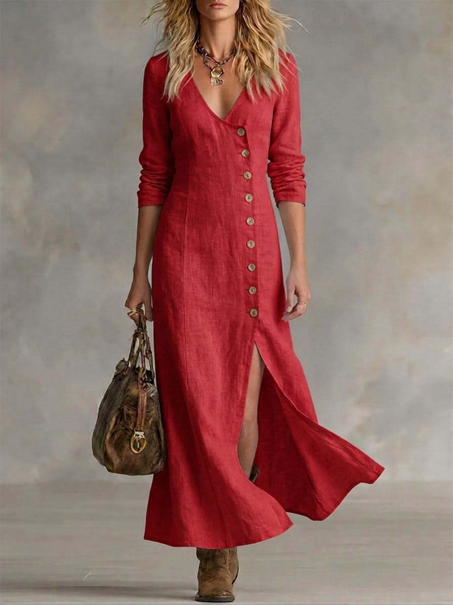 Women's Boho Maxi Dress V-Neck Long Sleeve Button Front Linen High Slit Casual