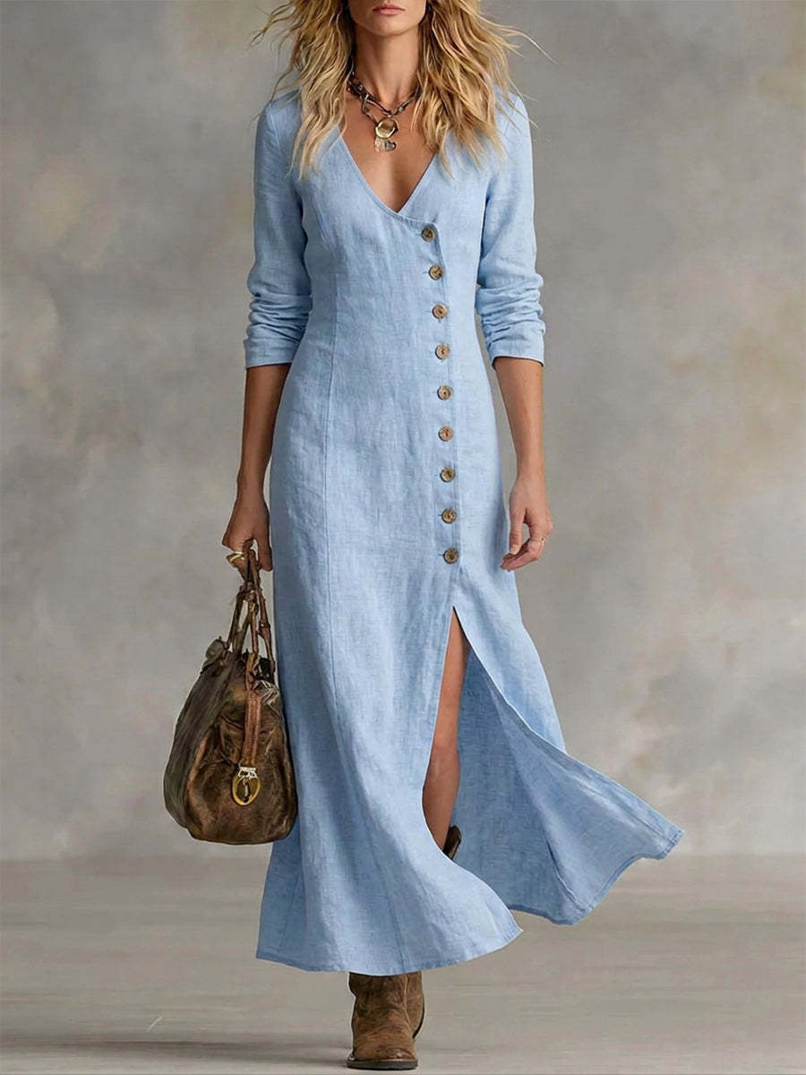 Women's Boho Maxi Dress V-Neck Long Sleeve Button Front Linen High Slit Casual
