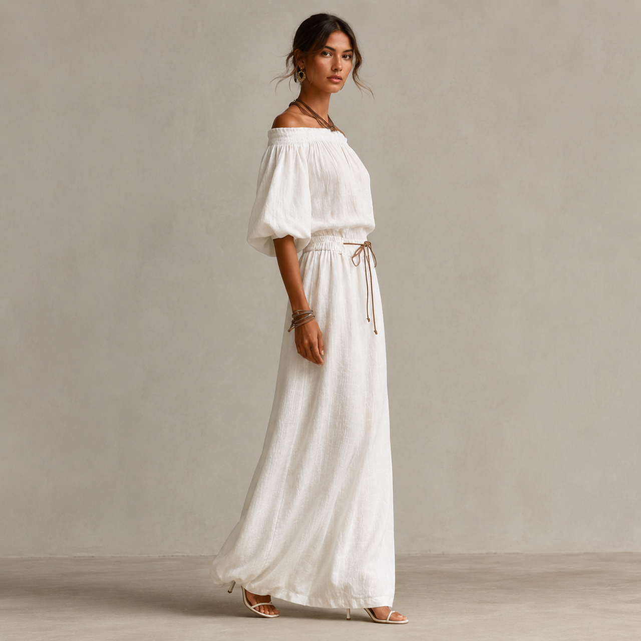 Women's Off Shoulder Maxi Dress Puff Sleeve Tie Waist Linen Boho Beach