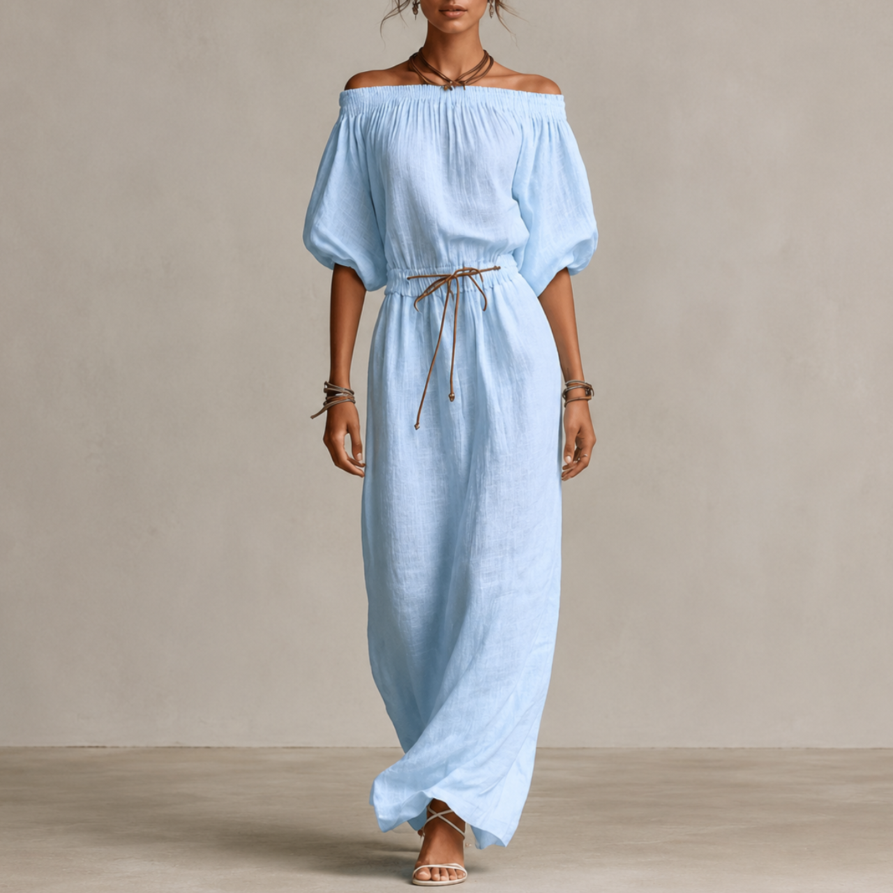Women's Off Shoulder Maxi Dress Puff Sleeve Tie Waist Linen Boho Beach