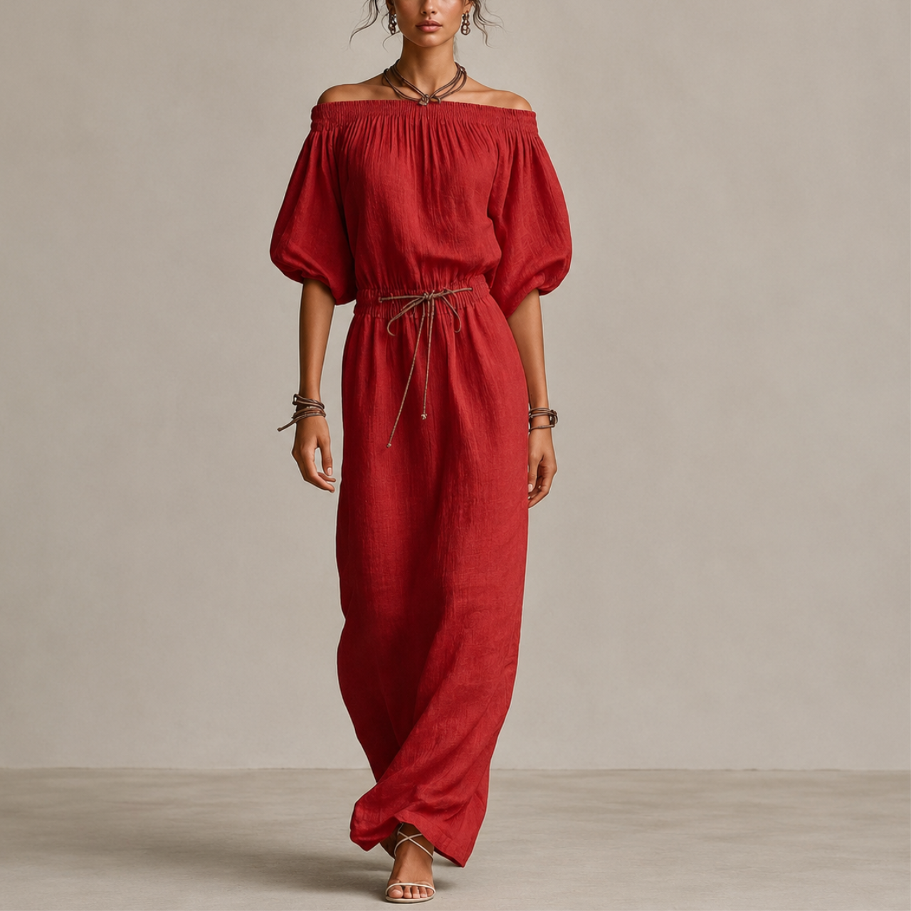 Women's Off Shoulder Maxi Dress Puff Sleeve Tie Waist Linen Boho Beach