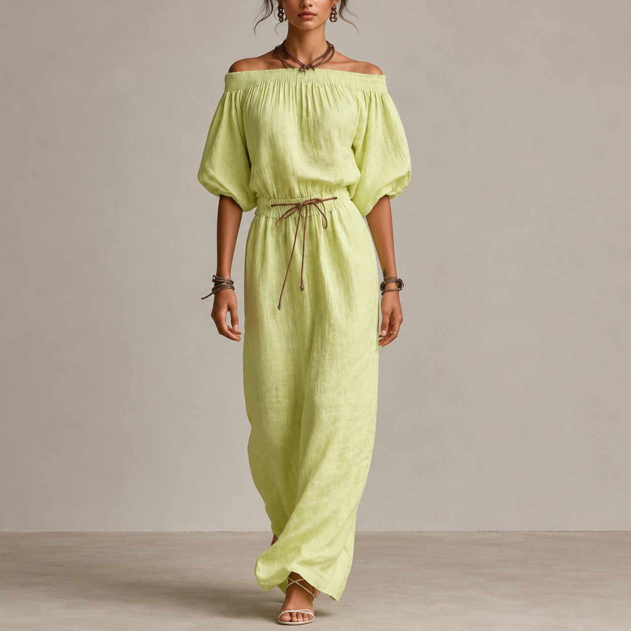 Women's Off Shoulder Maxi Dress Puff Sleeve Tie Waist Linen Boho Beach