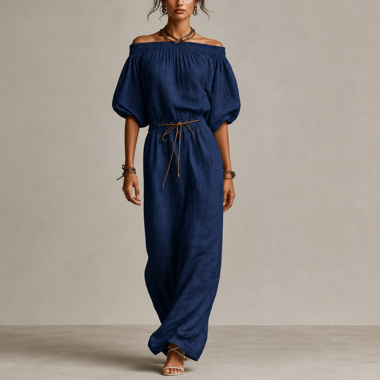 Women's Off Shoulder Maxi Dress Puff Sleeve Tie Waist Linen Boho Beach